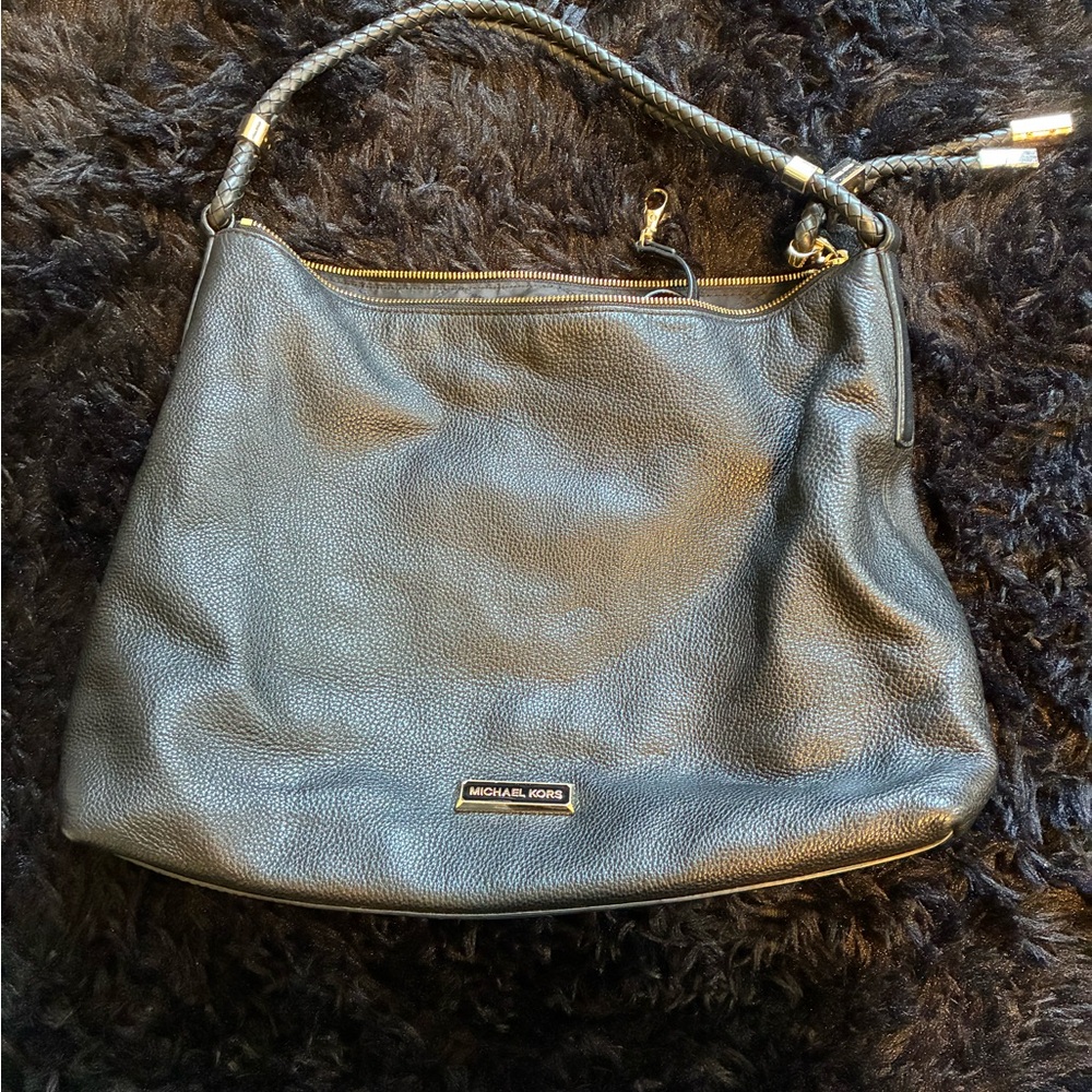 Michael Kors Black Pebbled Leather Shoulder Bag with Braided Strap